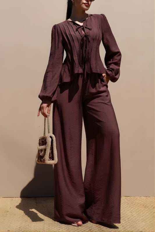 conjunto de manga puff larga con detalle de pliegues y listones, pantalones wid leg