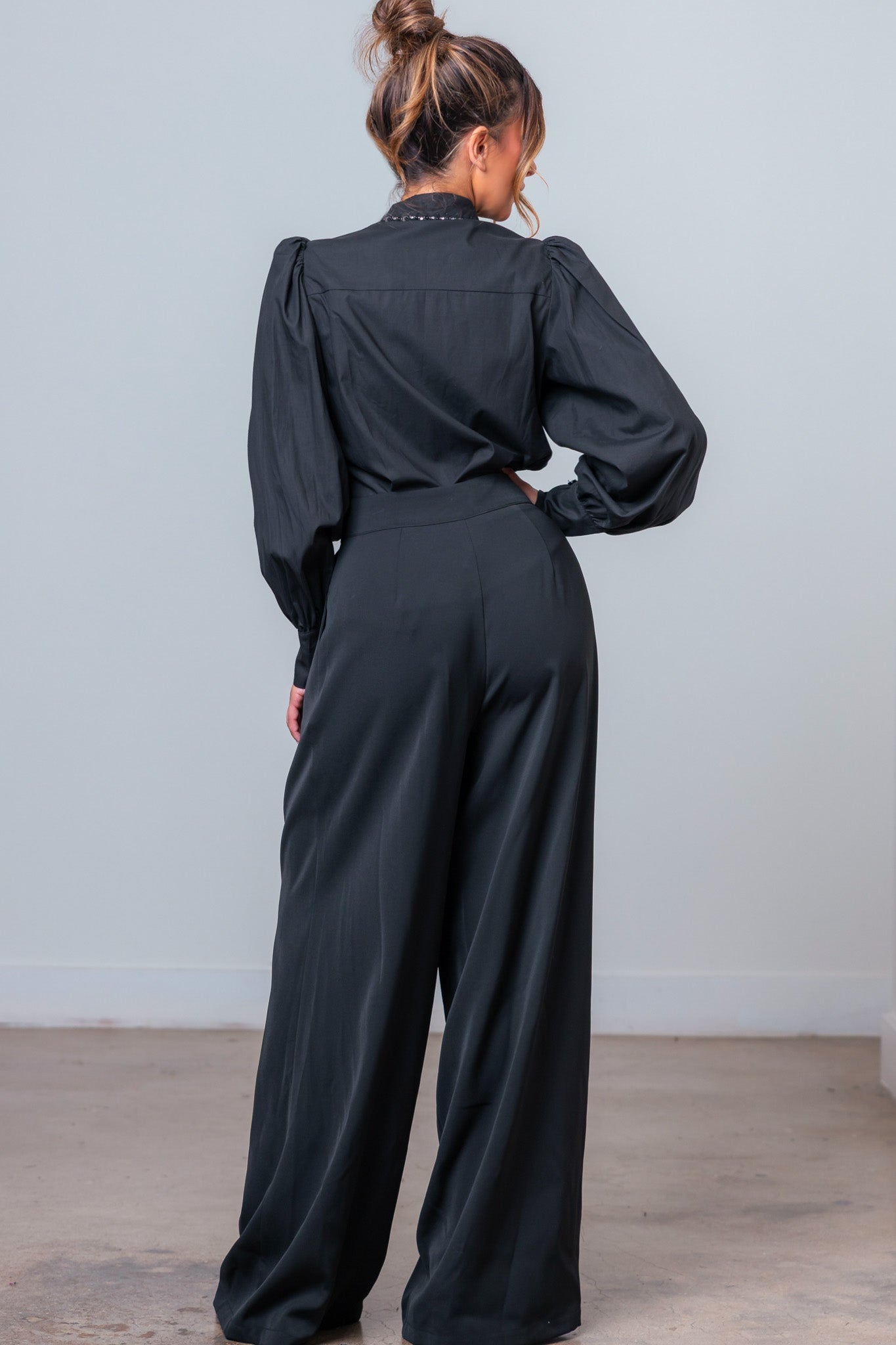 Conjunto 2 piezas Blusa elegante & pantalón wid leg negro