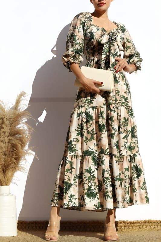maxi vestido estampado en línea A con mangas puff sleeve