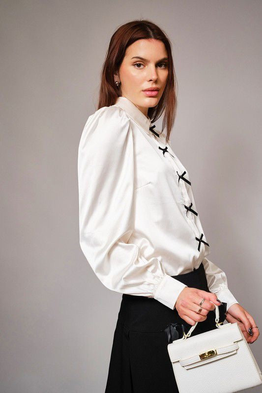 Blusa seda premium manga puff y moña