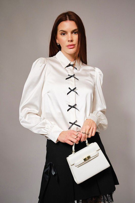 Blusa seda premium manga puff y moña
