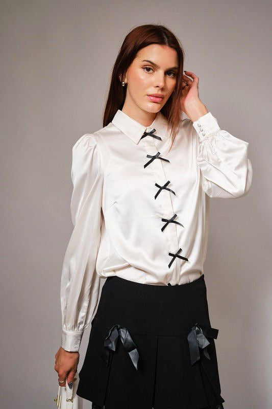 Blusa seda premium manga puff y moña