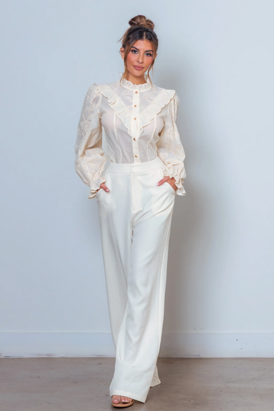 Conjunto 2 piezas blusa & pantalón wid leg blanco crema