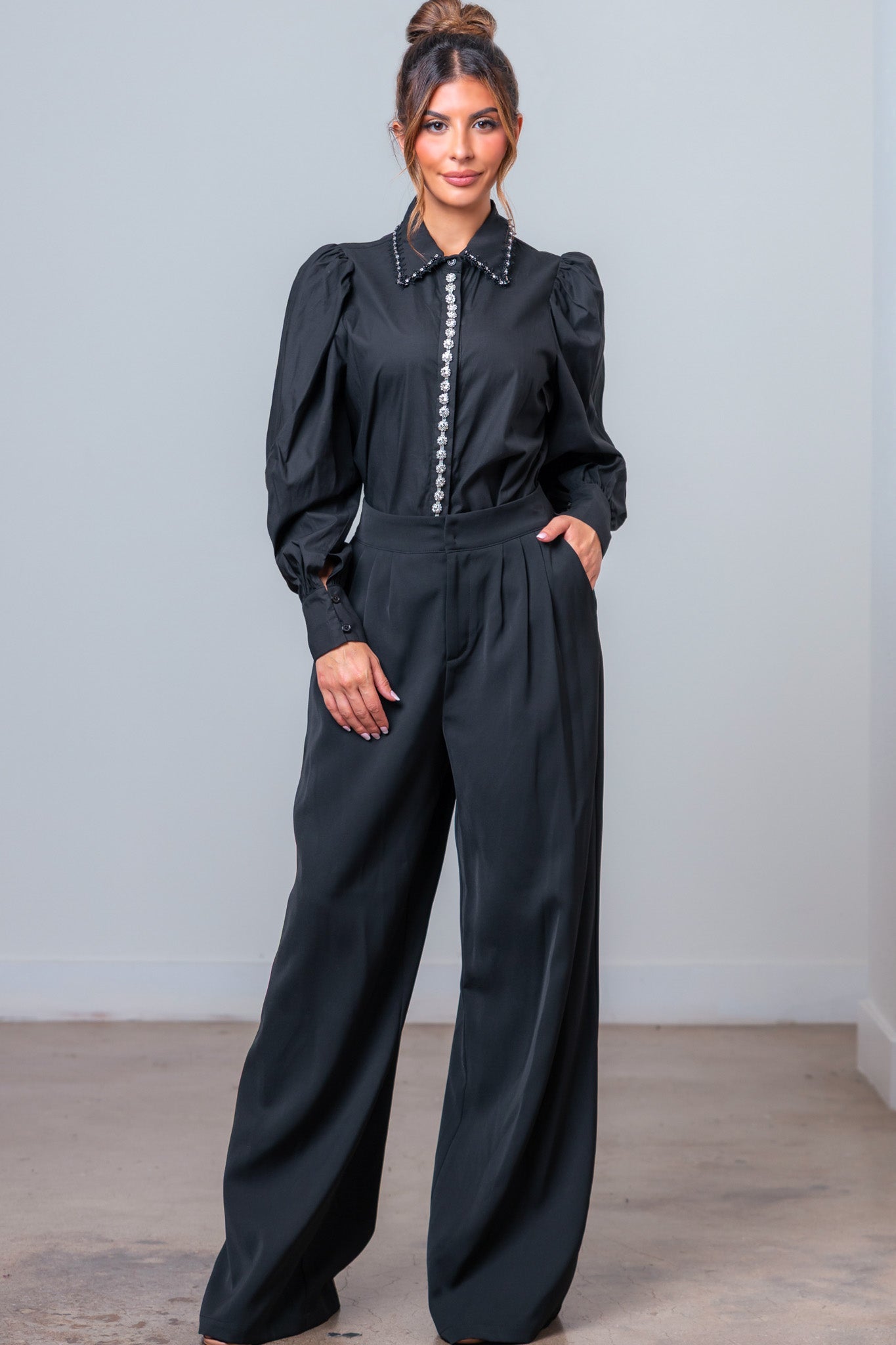 Conjunto 2 piezas Blusa elegante & pantalón wid leg negro