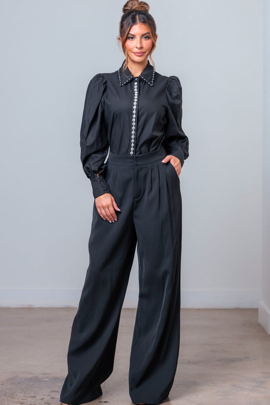 Conjunto 2 piezas Blusa elegante & pantalón wid leg negro