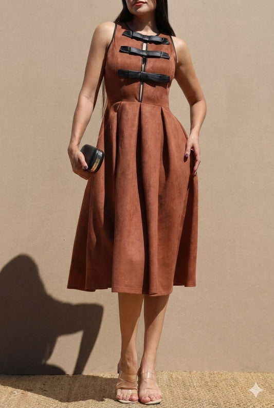 vestido pana con detalles de cuero en corte campana